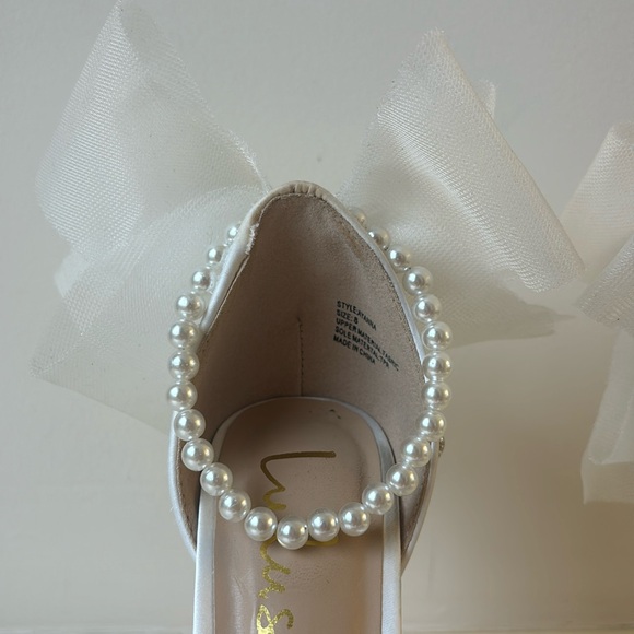 Ivory Satin Bow Pearl Ankle Strap High Heel - Picture 6 of 10